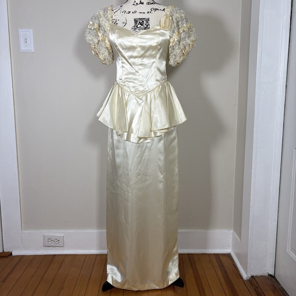 VTG 80s 90s Yellow Satin Dress Union Made Puff Sleeve Lace Peplum Formal Gown S